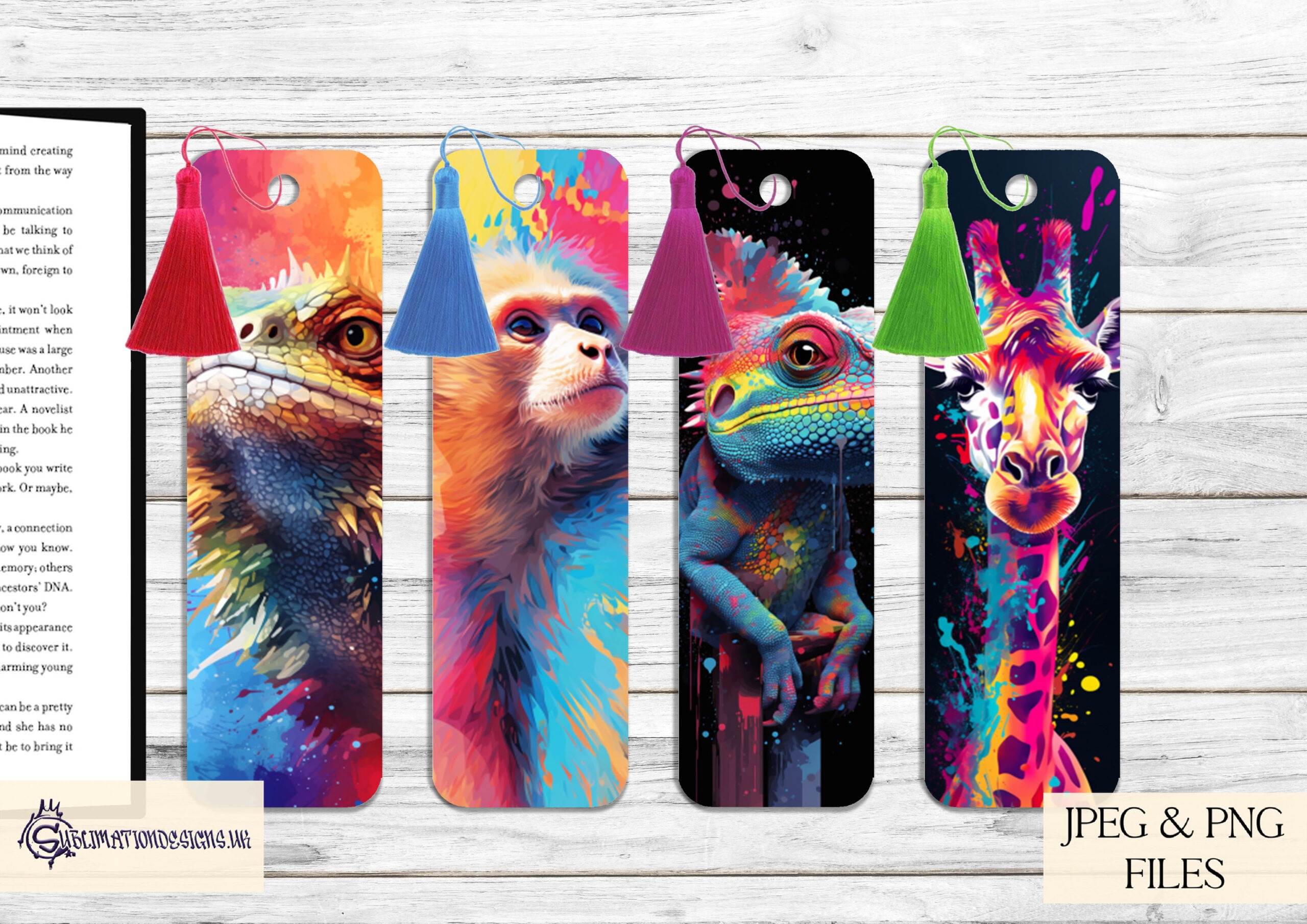 Vibrant paint splash animal bookmark designs featuring tigers, giraffes, lions, and dragonflies