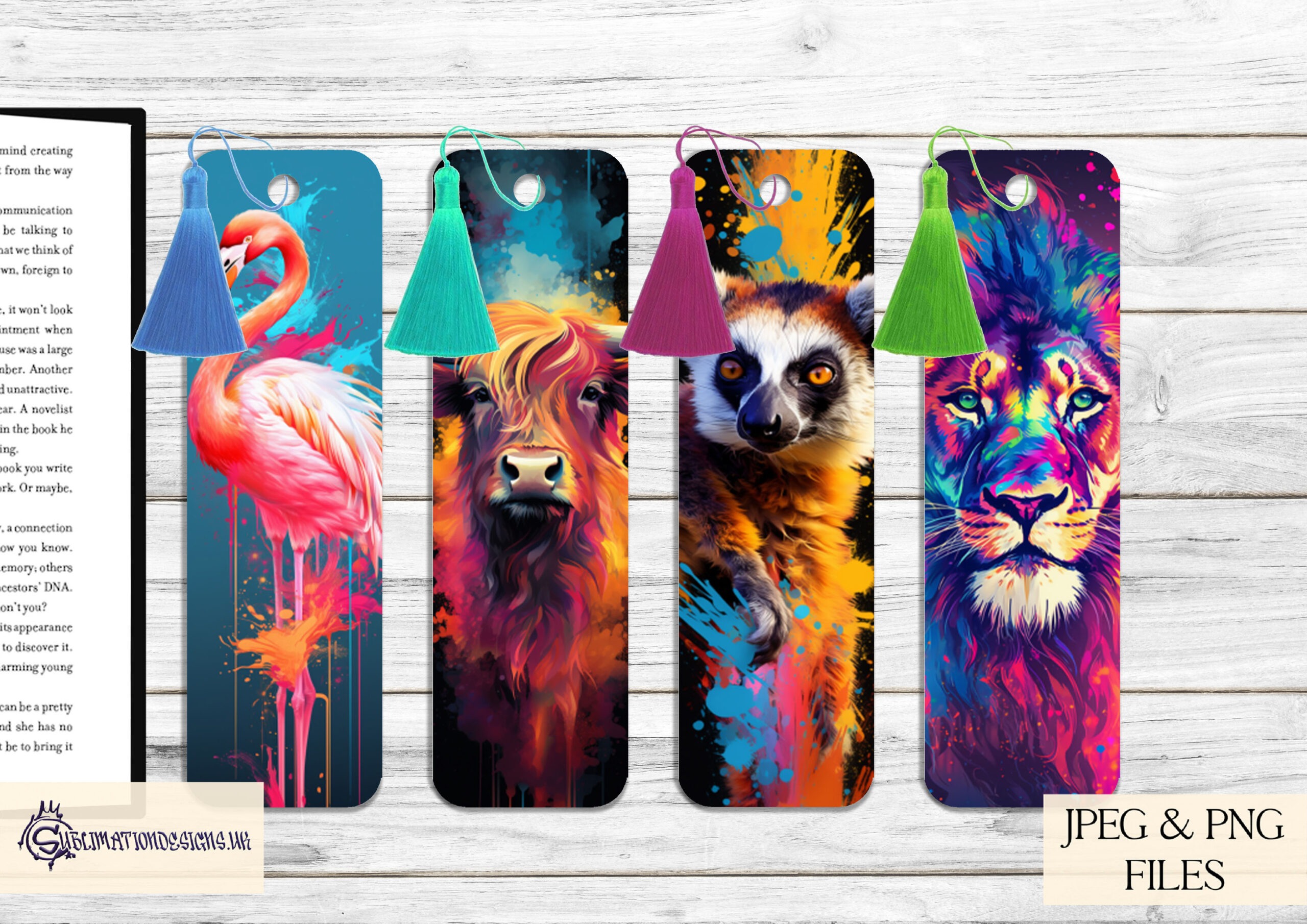 Vibrant paint splash animal bookmark designs featuring tigers, giraffes, lions, and dragonflies