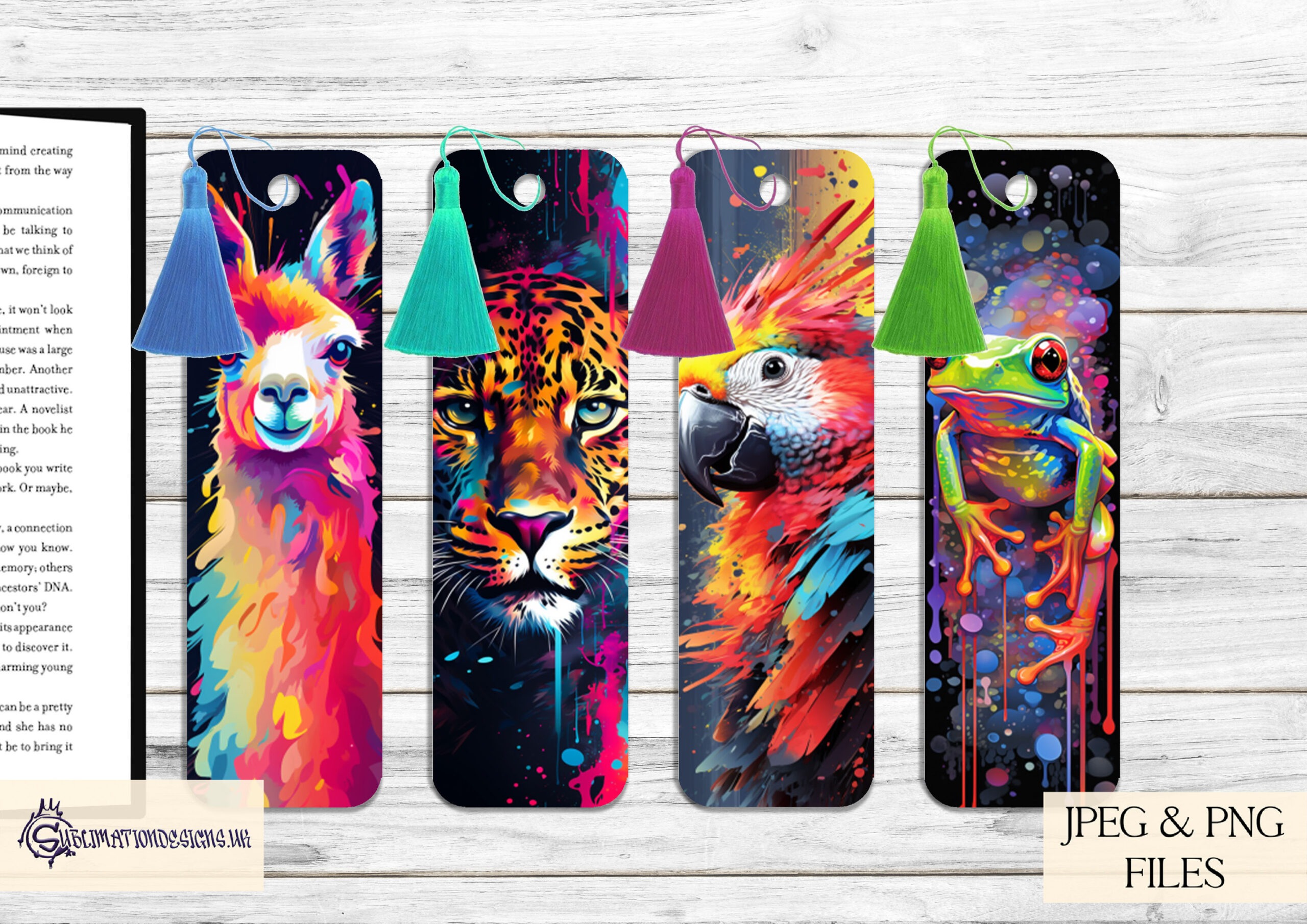 Vibrant paint splash animal bookmark designs featuring tigers, giraffes, lions, and dragonflies