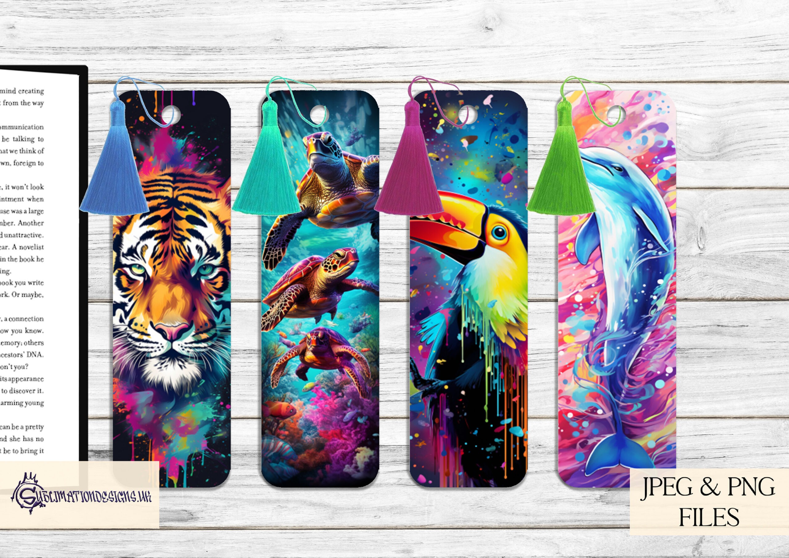 Vibrant paint splash animal bookmark designs featuring tigers, giraffes, lions, and dragonflies