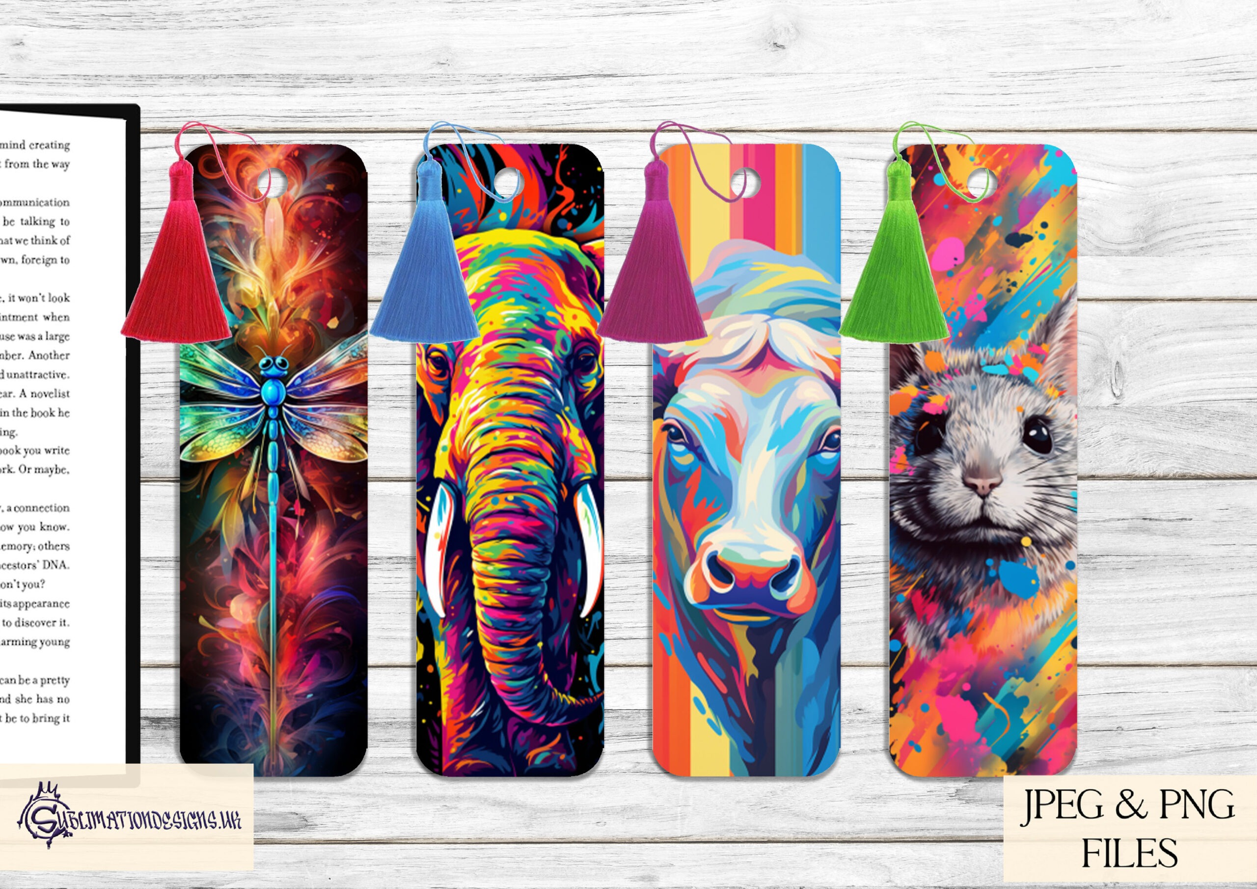 Vibrant paint splash animal bookmark designs featuring tigers, giraffes, lions, and dragonflies