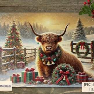 Highland Cow Christmas Field Designs Set – 8 festive colour variations with mock-ups for chopping boards, cards, and seasonal décor