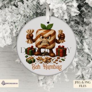 Mint Humbug Christmas Comedy Designs Set, Toffee coloured version with 3 humorous festive designs and mock-ups for mugs, shirts and cards