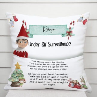 Elf Surveillance Designs Set – 2 festive designs with English and US spellings, complete and pocket pillow versions with mock-ups