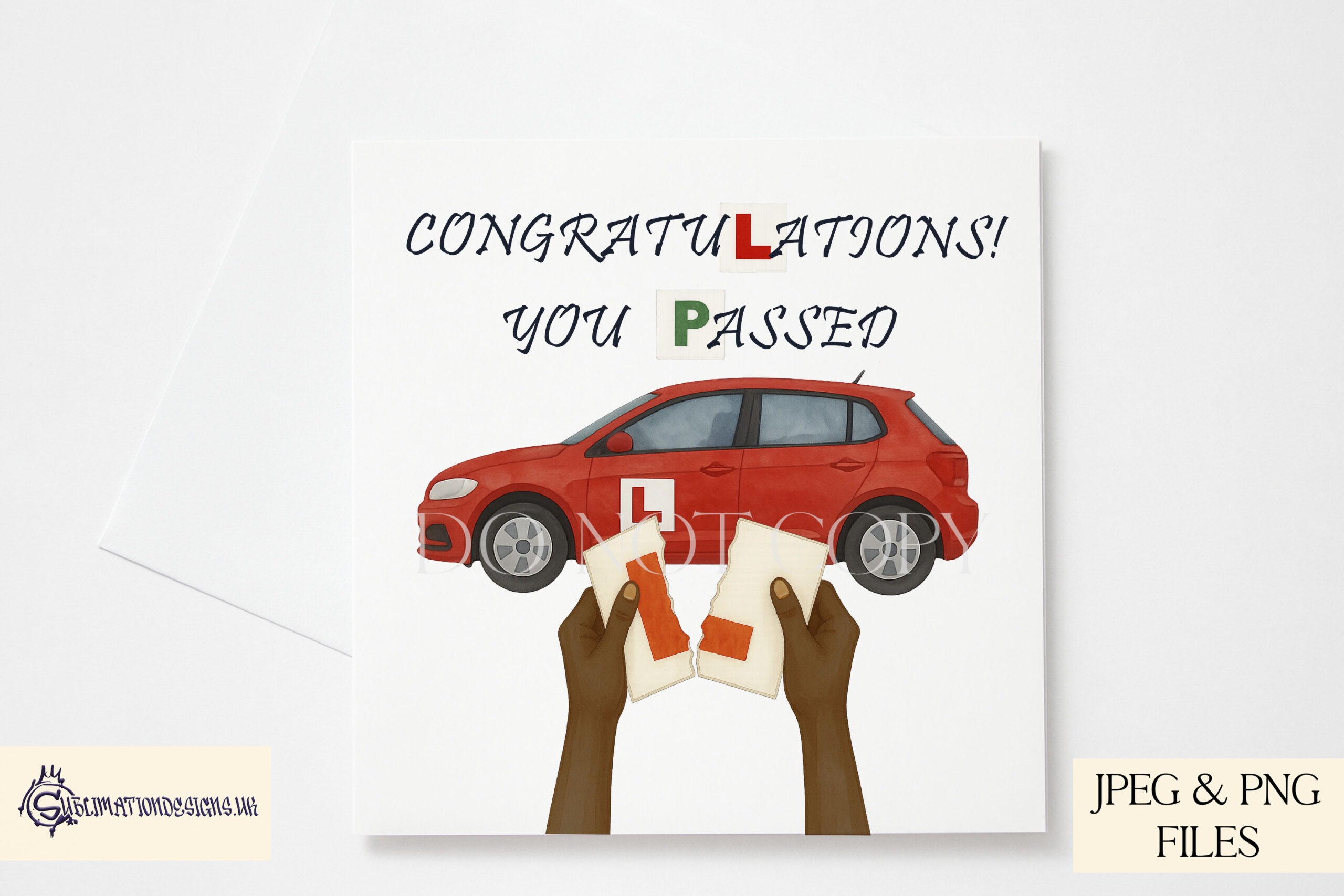 Driving Test Pass Designs Set featuring male and female hands ripping L plates in multiple skin tones with mock-ups