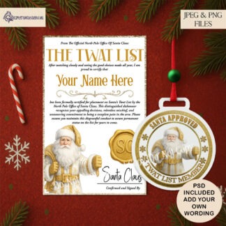 Adult Humour Santa’s Naughty List Medal and Certificate Designs with 3 variations, PSD custom options and mock-ups