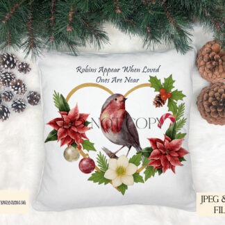 Robin in Christmas Heart Frame Design featuring a robin on a branch in a festive heart frame with mock-ups