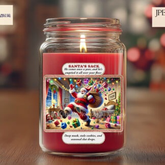 Comedy Christmas Candle Labels Designs Set with 6 adult humour designs, bonus blank frame and mock-ups