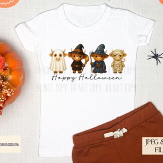 Highland Cows in Halloween Costumes Clip Art Set with 12 textless designs including witches, wizards, mummies and horror characters