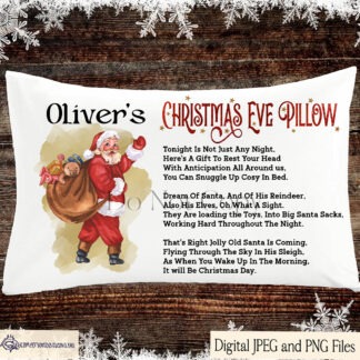 Christmas Eve Pillow Designs Set with 68 files, cosy and cozy spelling variations, headers, Santa design, and two free alphabets with mock-ups