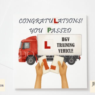 HGV Driving Test Pass Designs Set featuring male and female hands ripping L plates in front of an HGV lorry with mock-ups