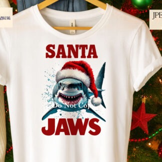 Comedy Santa Jaws Shark Designs Set with 2 festive variations and mock-ups for mugs, shirts and novelty gifts