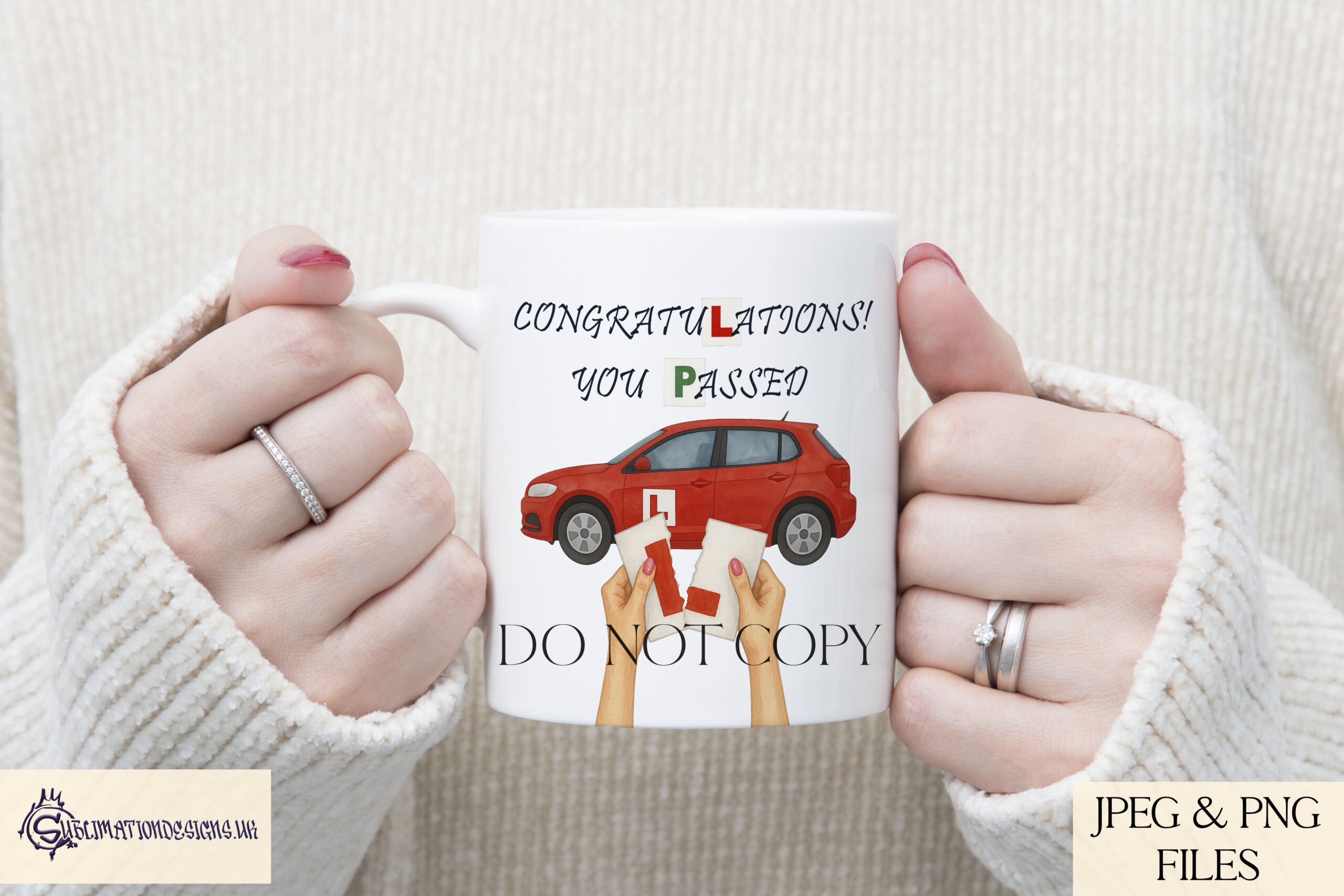 Driving Test Pass Designs Set featuring male and female hands ripping L plates in multiple skin tones with mock-ups