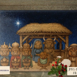 Highland Cow Nativity Designs Set featuring cows in a nativity scene with textless and worded versions plus mock-ups