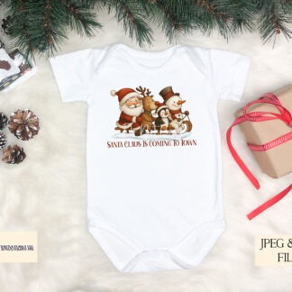 Santa Sledge Designs Set featuring Santa with a snowman, penguin and reindeer on a sledge, in textless and worded versions with mock-ups