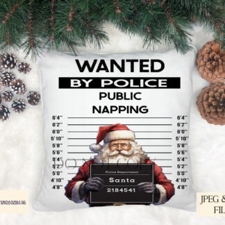 Naughty Santa’s Wanted Mug Shot Designs Set with 13 variations and mock-ups for mugs, ornaments and novelty Christmas gifts