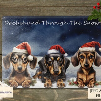 Dachshund Through the Snow Design Set with 4 festive variations featuring Dachshunds in Christmas hats, textless and worded versions plus mock-ups