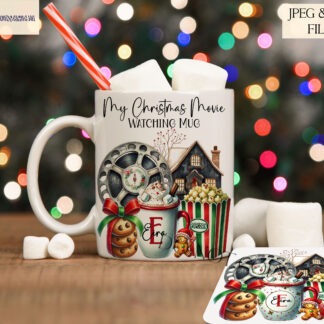 Christmas Movie Watching Mug Designs Set with 8 customisable templates and mock-ups for personalised Christmas mugs