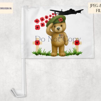 Saluting Teddy Bear Remembrance Day Designs Set with 5 variations including wreath, remembrance floor and airplane poppy drop themes plus mock-ups