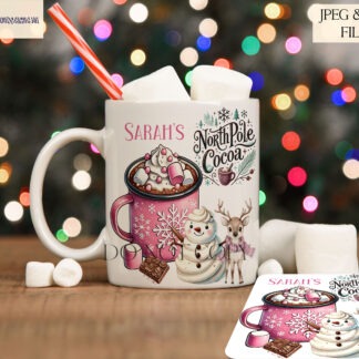 4 North Pole Cocoa Designs featuring pink and blue festive mug wraps and resizable templates