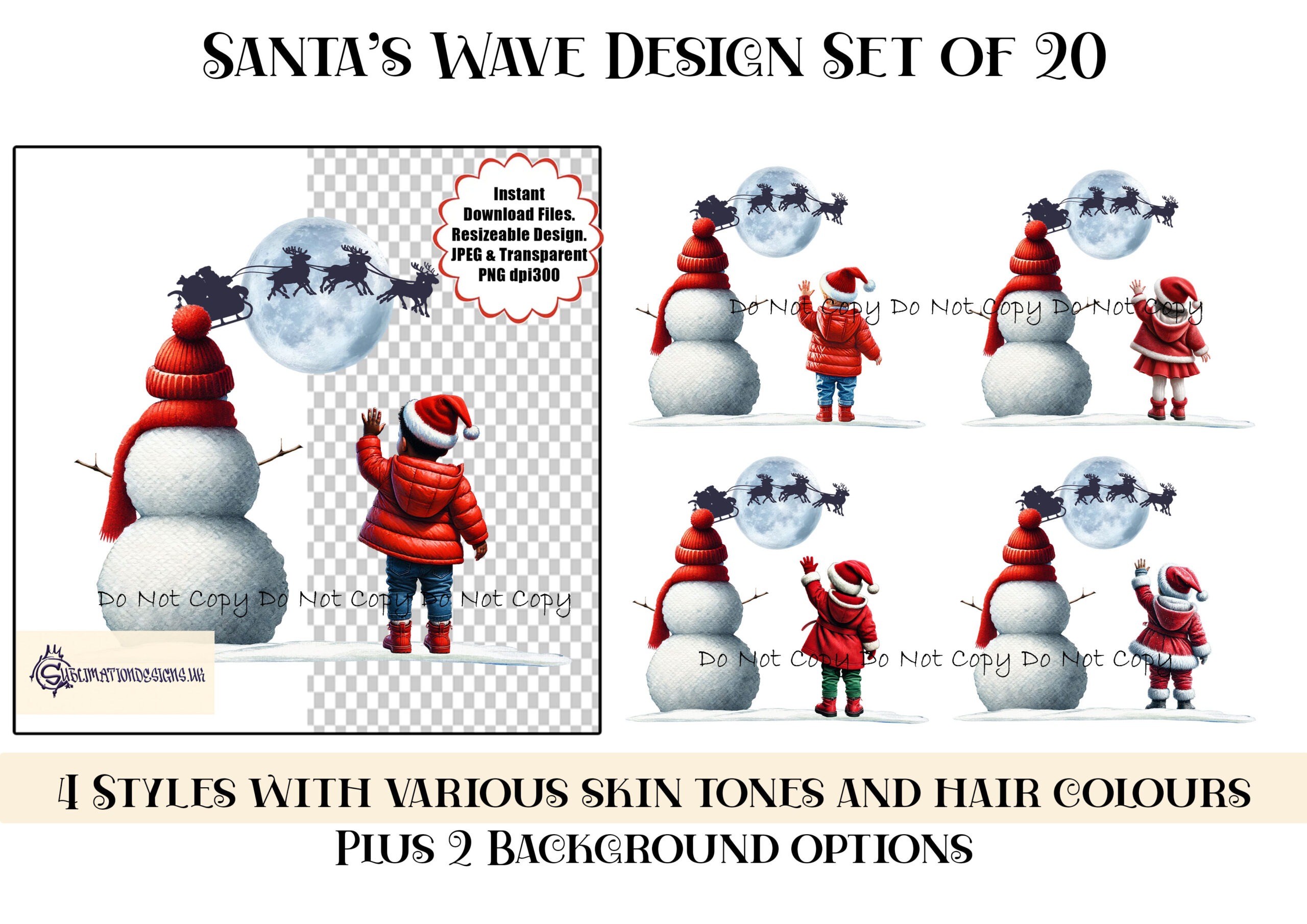 Santa’s Wave design showing children waving to Santa beside a snowman