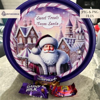 Santa’s Candy Land Tub Toppers Set featuring red, purple and blue circular designs for Christmas sweet tins
