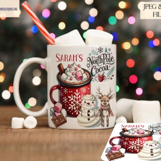 4 North Pole Cocoa Designs featuring red and green Christmas mug wraps and templates