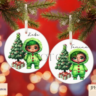 Grinch-Inspired Christmas Child Designs Set featuring boys and girls in festive onesies beside a Christmas tree