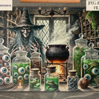 Witch’s Kitchen Textless Design Set featuring three Halloween scenes with whimsical witches in magical kitchens