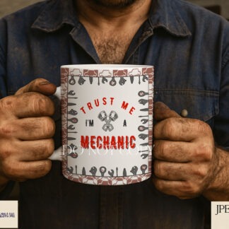 Trust Me I’m A Mechanic Design Set with red, green and blue mug wraps and coaster templates