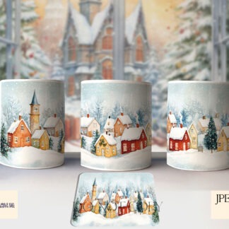 Elegant Winter Village Design Set featuring 20 textless Christmas village templates for mugs and coasters
