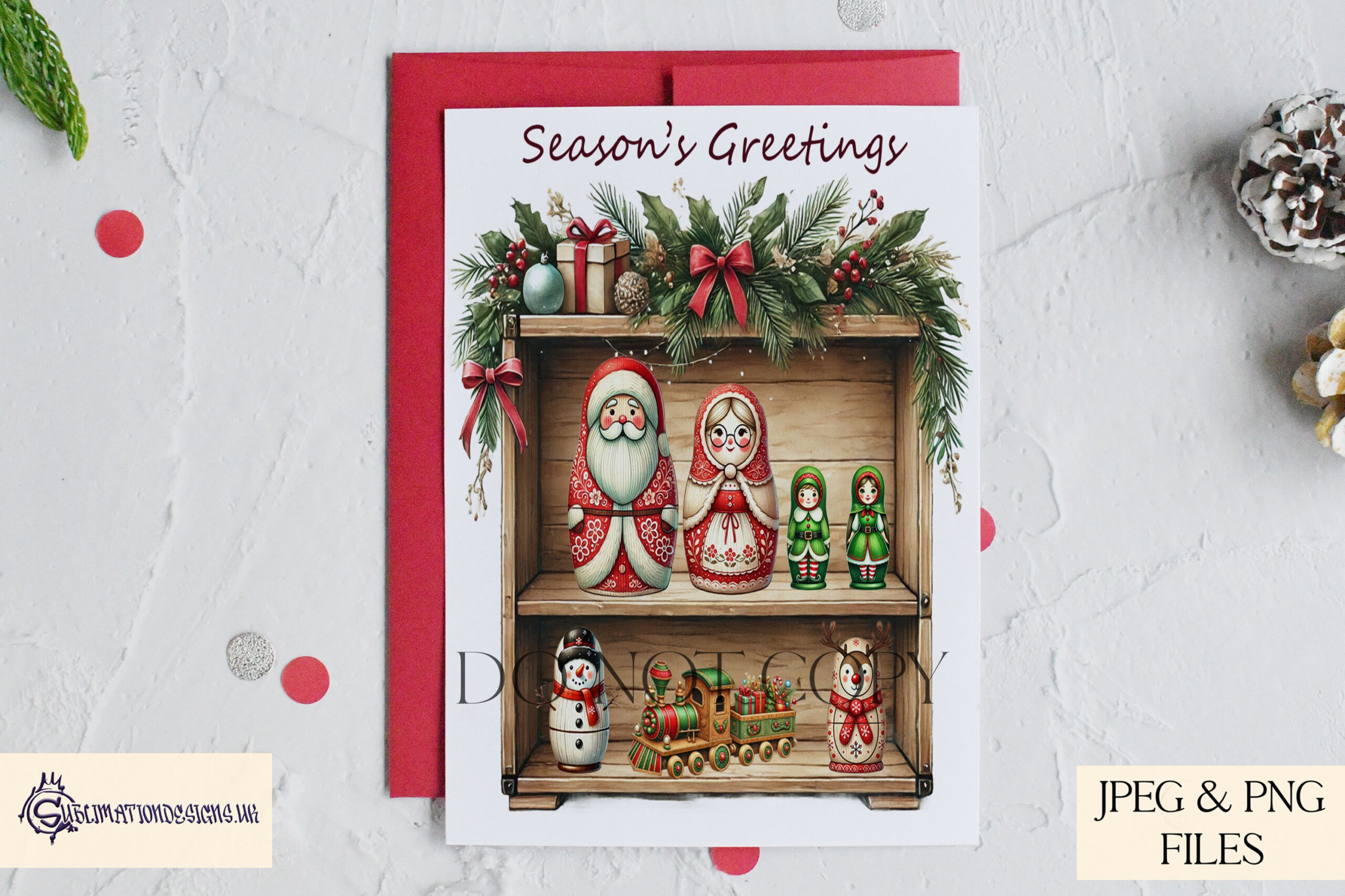 Christmas Wooden Shelf Design Set with festive Russian doll artwork