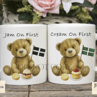 Devon and Cornwall Teddy Bear Set featuring scone designs with flags and local pride