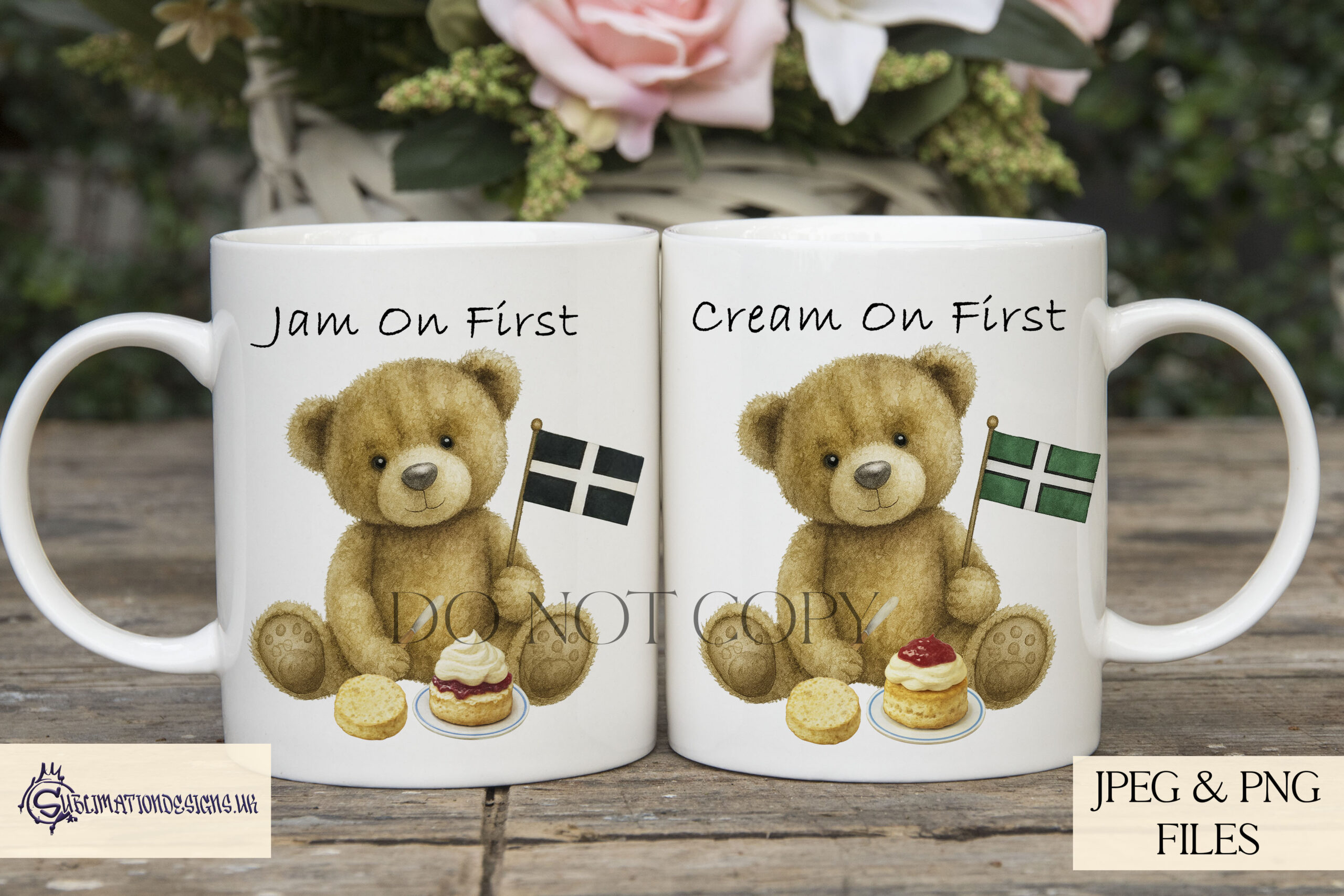 Devon and Cornwall Teddy Bear Set featuring scone designs with flags and local pride