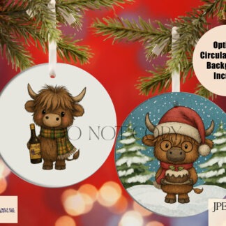 Festive Christmas Highland Moo’s Set with 12 unique clip art characters, bonus 3-cow design, 2 background options and mock-ups