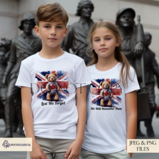 Benji Bear Remembrance Day charity design set featuring “We Will Remember Them” and “Lest We Forget” artwork