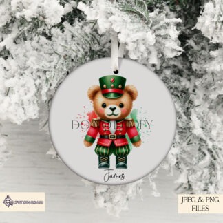 eddy Bear Nutcracker Christmas designs and festive mug wraps on paint splash backgrounds