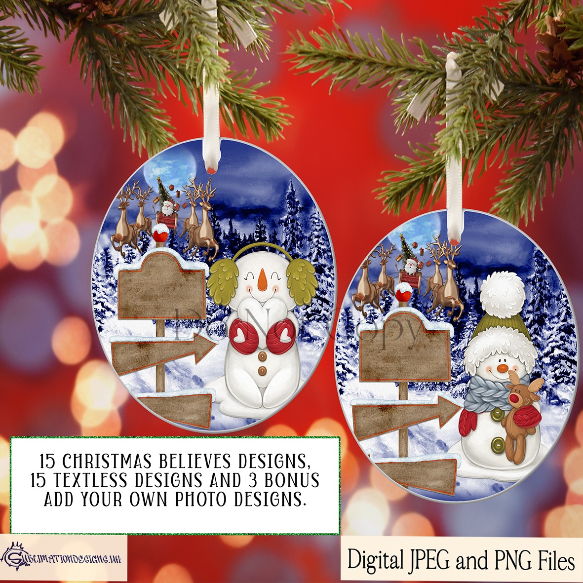 Circular Christmas bauble designs featuring gonks, snowmen, gingerbread, and whimsical dolls