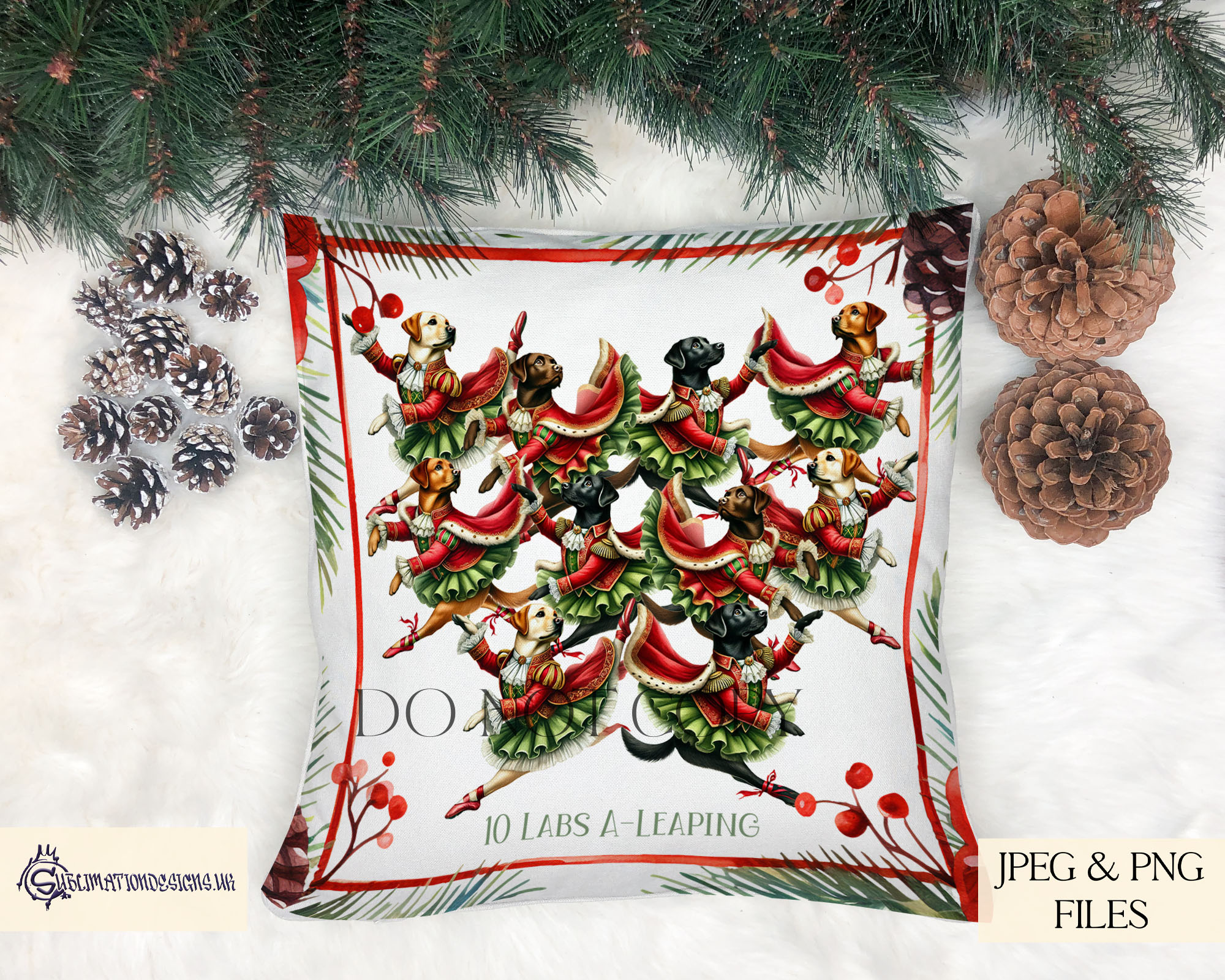 12 Dogs of Christmas Designs featuring festive dog illustrations inspired by the 12 Days of Christmas