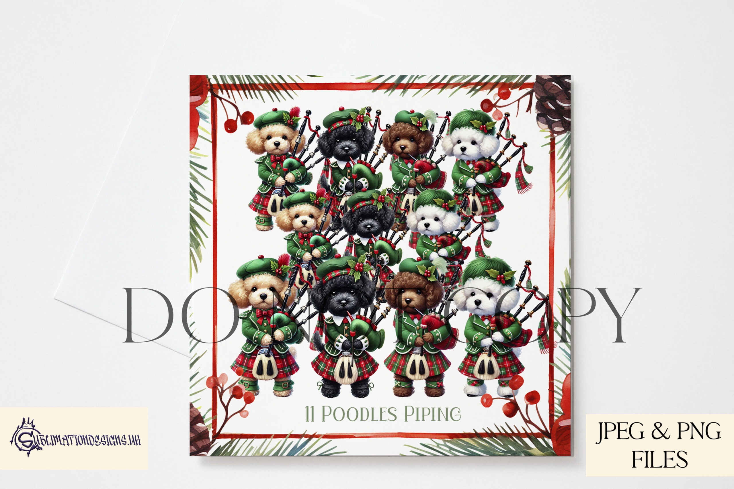 12 Dogs of Christmas Designs featuring festive dog illustrations inspired by the 12 Days of Christmas