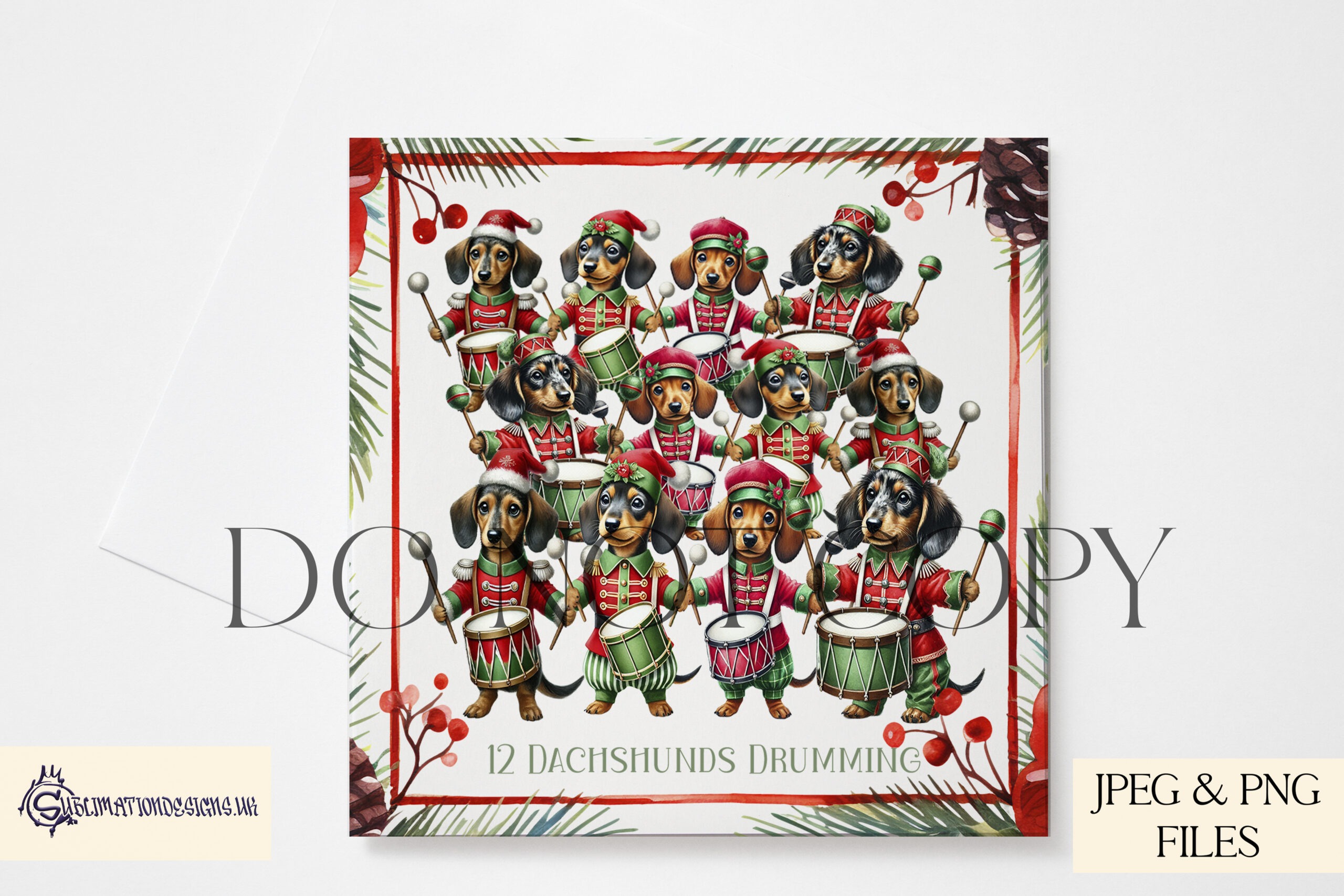 12 Dogs of Christmas Designs featuring festive dog illustrations inspired by the 12 Days of Christmas