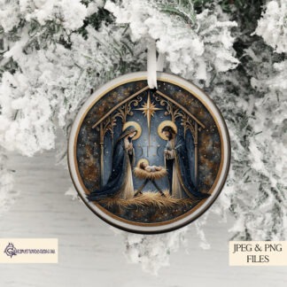 Elegant Nativity Scene Round Bauble Set featuring 3 navy and gold circular designs for Christmas baubles