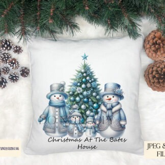 Elegant Baby Blue Snowman Family Design Set featuring backgrounds, a baby blue tree and 4 snowman figures