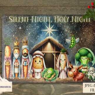 Comedy Christmas Vegetables Nativity Design featuring festive vegetable characters in a humorous nativity scene