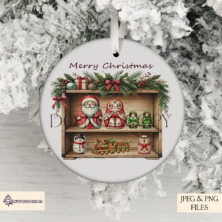 Christmas Wooden Shelf Design Set with festive Russian doll artwork