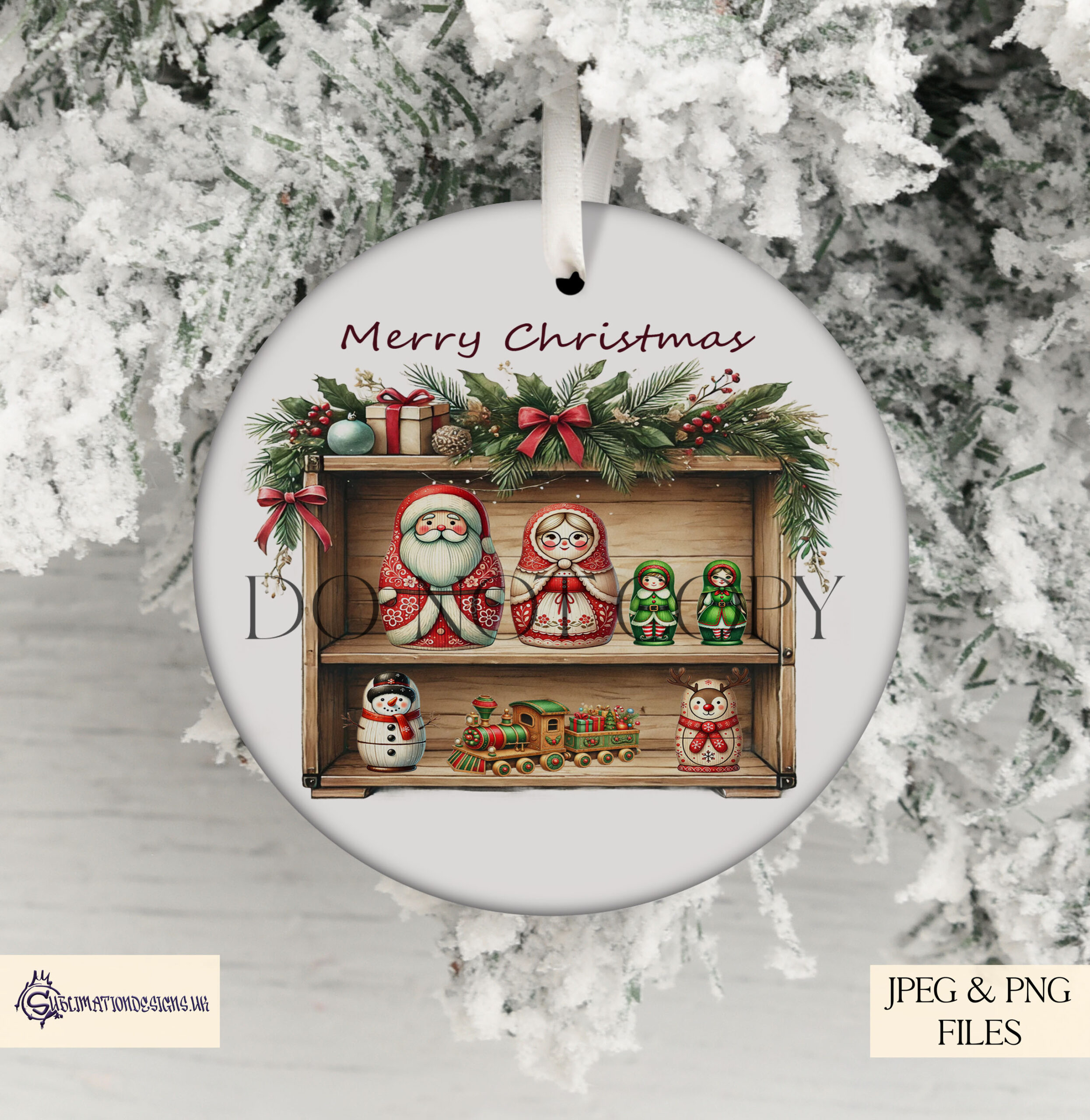 Christmas Wooden Shelf Design Set with festive Russian doll artwork
