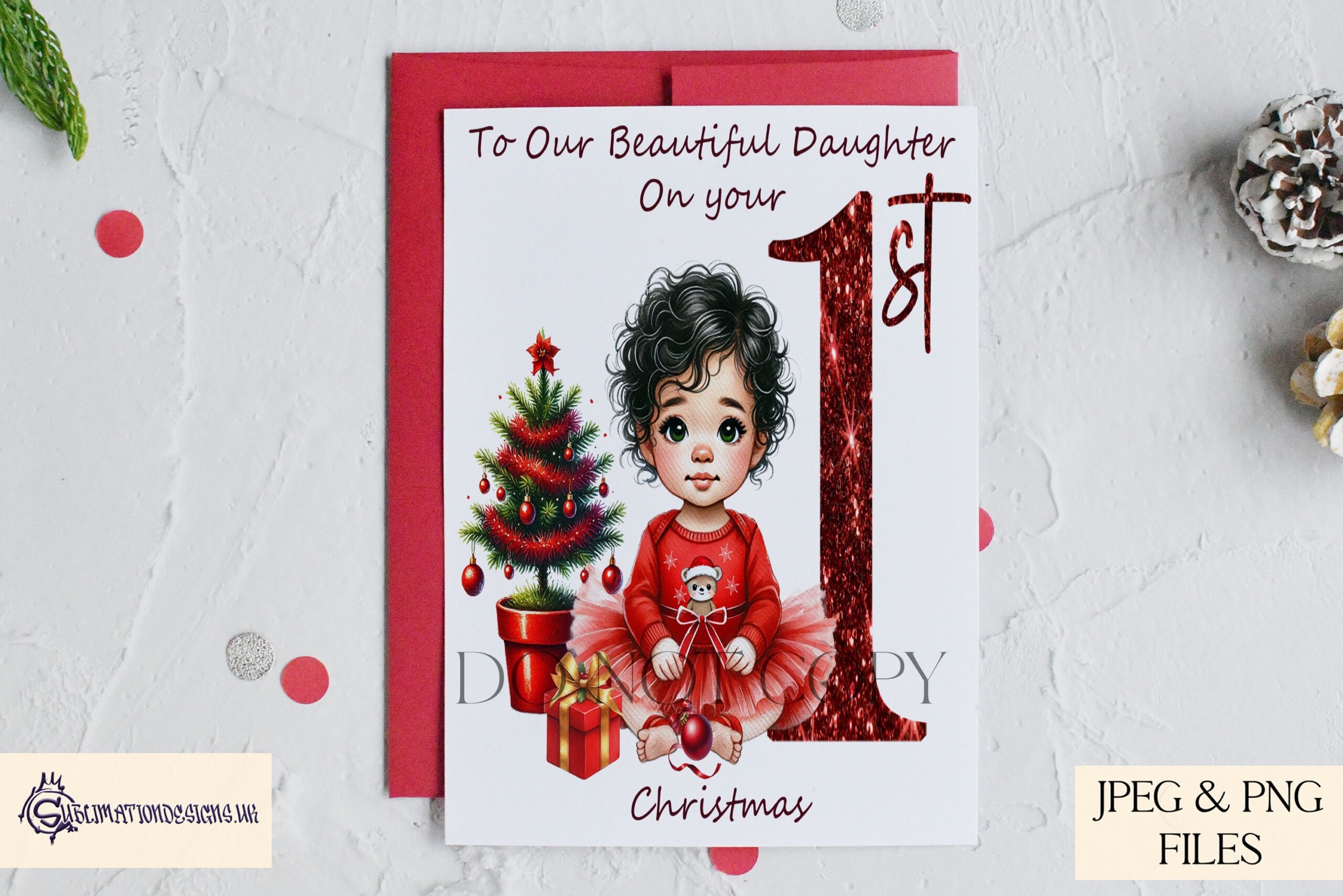 Cute Baby Girls at Christmas Clip Art Set | 30 Designs with Hair & Eye Variations | JPEG & PNG | 4 Mock-Ups | 500 Product Licence Description: Spread festive cheer with our Cute Baby Girls at Christmas Clip Art Set! This delightful collection features 30 unique designs of adorable baby girls in Christmas attire, perfect for adding a touch of cuteness to your holiday products. These designs are perfect for creating personalized holiday items such as cushions, baubles, holiday cards, apparel, mugs, ornaments, and so much more. With various hairstyles, hair colours, and eye colour options (Green, Brown, and Blue), this set has something for everyone. What You Get: 30 Designs Featuring: • 9 Different Baby Girls – Each with various hairstyles and hair colours to suit different tastes • Eye Colour Options – Green, Brown, and Blue eyes for added customization • 3 "1st Christmas" PNG Designs – Perfect for celebrating a baby's first Christmas • Formats: JPEG and PNG (high-resolution) • Mock-Ups: 4 mock-ups showcasing your designs on various products • Commercial Licence: Covers up to 500 physical products How to Use: • Choose Your Design: Select from the variety of baby girls and eye colour options to match your product theme • Add Finishing Touches: Use the "1st Christmas" PNG designs to personalize items for baby's first holiday • Create & Share: Ideal for use on holiday cards, apparel, ornaments, and more Important Notes: • End Product Use Only: These designs are for physical product creation only and cannot be resold or shared digitally • Ownership: Designs are owned by DAB Digital Designs Limited • Licence: Licence allows for up to 500 physical products. A new licence is required for further production