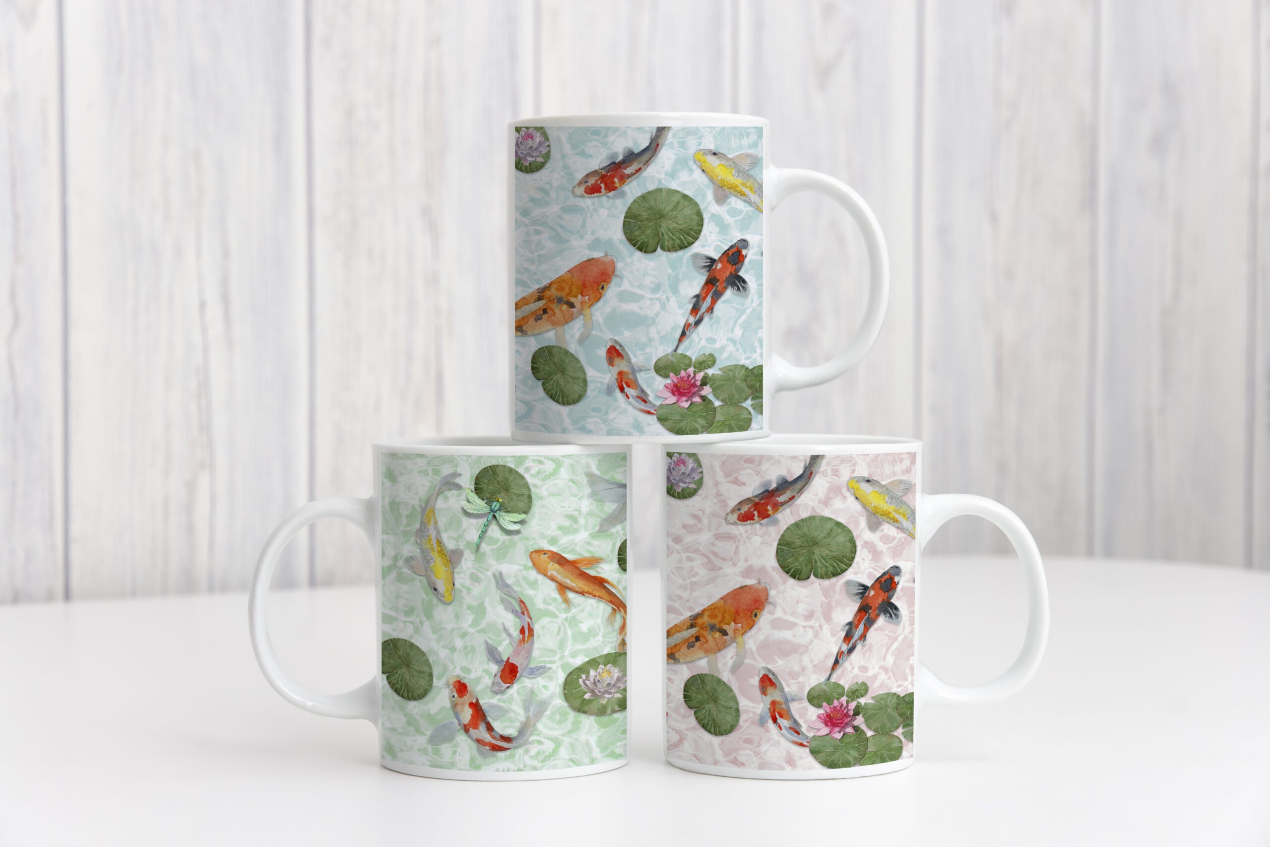 Koi carp mug wrap sublimation designs in a range of colours for mugs and coasters