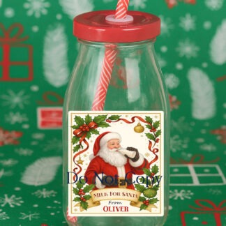 Santa’s Milk Bottle Designs Set featuring 6 festive sticker and sublimation designs with red and gold variations and mock-ups