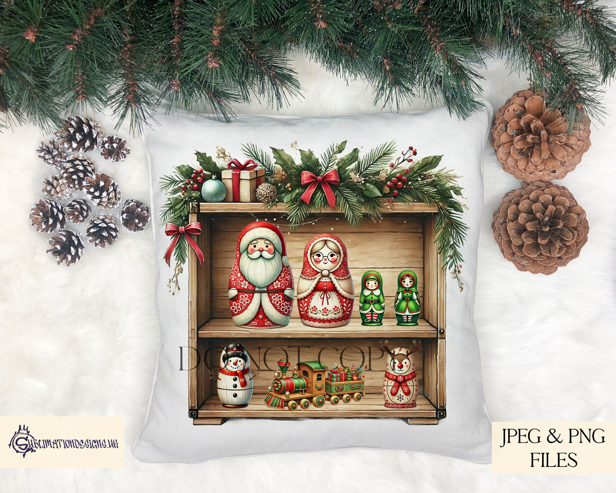 Christmas Wooden Shelf Design Set with festive Russian doll artwork